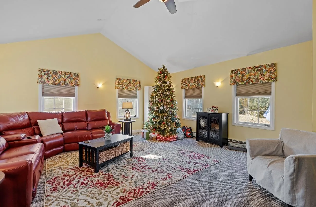 Christmas vacations home with decorated living room with Christmas tree